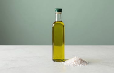 A minimalist product shot of high-quality ingredients like olive oil and sea salt on a clean white countertop. Confident lighting, modern editorial style with #1A4D2E accents.