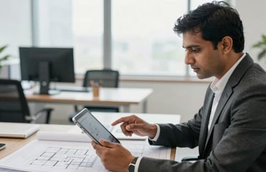 A professional South Asian consultant in a bright office environment, reviewing architectural blueprints on a modern tablet device.
