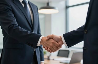 A professional handshake between two people in business attire in a sleek Noida corporate office, emphasizing trust and collaboration.