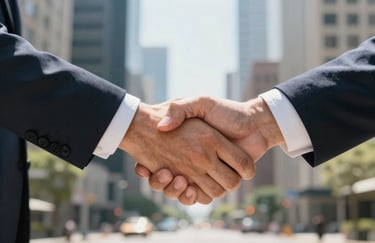 A close-up shot of a handshake between two professionals on a bright, sunny day in a North American business district, symbolizing trust.