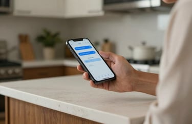 A person in a North American / US kitchen checking their mobile plan on a smartphone while leaning against an off-white counter.