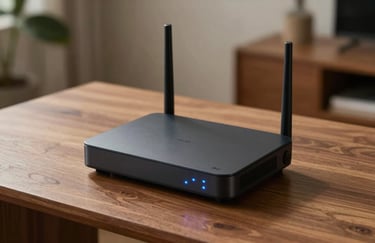 A sleek, modern Wi-Fi router sitting on a wooden desk in a North American / US home, with subtle soft blue LED indicators.