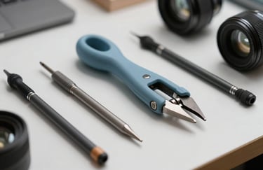 A macro photograph of high-quality drafting tools on a clean white desk in a North American / US design studio, using mist blue and dark charcoal tones.