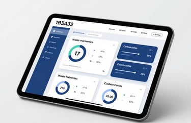 A sleek tablet displaying a dashboard with waste management analytics and real-time carbon reduction metrics, using a professional #1B3A32 and #4F7E6B interface.