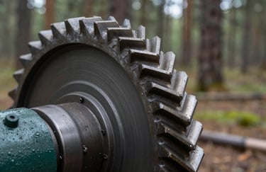 Detailed view of industrial grinding teeth on a wheel. The metal parts have hints of dark green paint. Blurred background of a North American pine forest.
