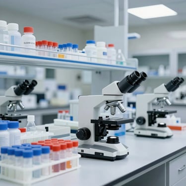 Close-up of a scientist carefully handling a vial of peptide solution in a bright, modern lab.