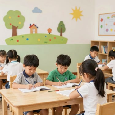 Illustration of children happily participating in a colorful classroom activity with books and toys.
