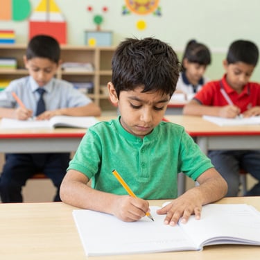 Playful scene of kids enjoying outdoor games with soft clouds and abstract waves in the background.