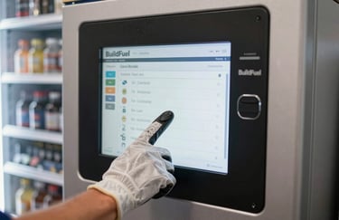 A worker's hand in a protective glove using the touch-screen interface of a BuildFuel PRO vending machine. The screen shows a modern digital menu. Set in an Oceania / Australian industrial site.
