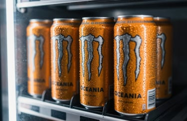 Macro shot of cold, condensation-covered cans of energy drinks inside a vending machine, vibrant orange and silver labels visible against a dark grey metallic background in an Oceania / Australian setting.