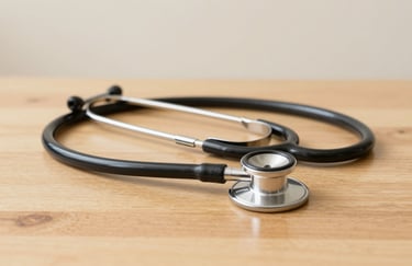A pair of professional veterinary stethoscopes resting on a clean wooden table in a Latin American / Spanish clinic, mint cream background lighting.