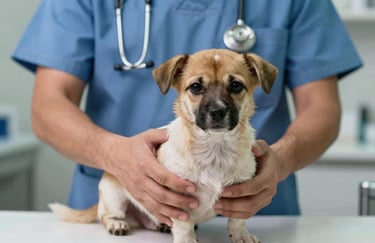 Hands of a veterinarian in clinical attire gently comforting a small dog in a Latin American / Spanish clinic, showing trust and care.