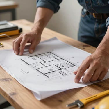 A close-up of a contractor's hands holding architectural blueprints on a wooden table, professional and meticulous work environment, North American / US.