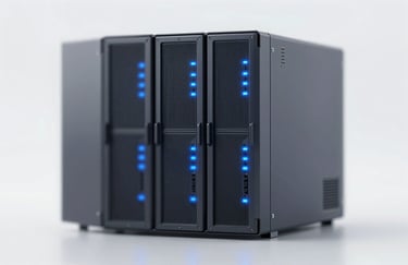 A sleek 1U rackmount server unit front panel with blue status LEDs, minimalist and high-tech, using #0F172A.