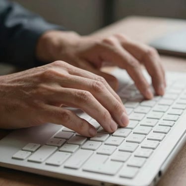 Close-up of a South American professional's hands typing on a modern white keyboard, focused and efficient atmosphere, soft professional lighting.