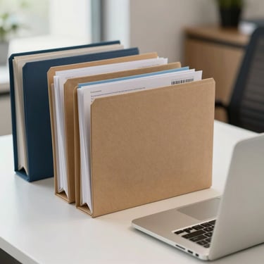 A clean, professional composition of organized business folders and a high-end laptop on a white desk in a South American corporate setting, natural light.