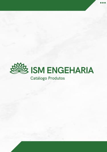 ISM Engenharia product catalog cover with green lotus logo on white marble background.