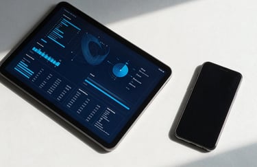 A top-down view of a minimalist desk with a tablet showing abstract blue data visualizations and a smartphone, sharp shadows, navy blue and silver tones.
