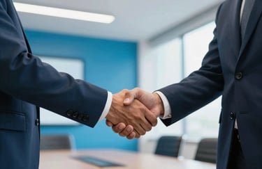 A close-up of two Latin American business partners in professional attire shaking hands in a modern, brightly lit conference room with electric blue accents.