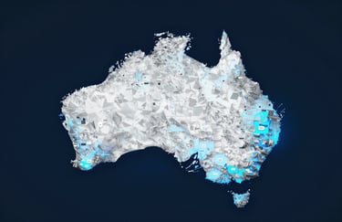 A conceptual image of a digital map of Australia with electric blue highlights on local business hubs, signifying growth and visibility.