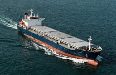 A high-speed cargo ship traveling across deep blue waters, photographed from above, highlighting efficiency and scale in Muted Forest Teal tones.