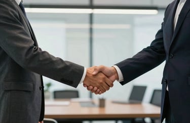 Two business professionals shaking hands in a modern South American / Bolivian office setting, conveying trust and secure partnership.