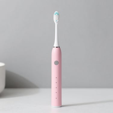 Close-up of a sleek electric toothbrush standing on a bathroom sink with soft morning light.