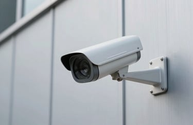Close-up of a modern security camera mounted on a clean silver grey warehouse wall in a South Asian / Indian facility.