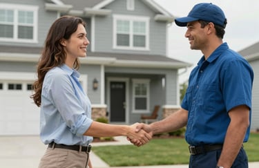 A North American homeowner in professional attire shaking hands with a septic service technician in front of a modern suburban home.