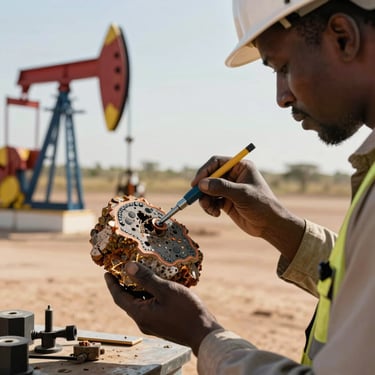 A close-up photograph of a geologist examining a core sample at a West African petroleum site, with warm sunlight highlighting technical details and textures.