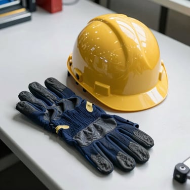 A clean, high-angle photograph of industrial safety equipment, including a gold-accented helmet and heavy-duty navy gloves on a white workbench.