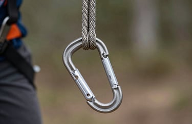 Detailed close-up of high-quality industrial safety ropes and climbing carabiners used for training, South American / Colombian industrial setting.
