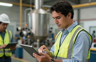A South American / Colombian technical expert reviewing safety protocols on a tablet during an industrial audit, clean and professional look.