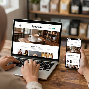 A sleek, minimalist workspace with a laptop showing a professional website for a local Malaysian business. Beside the laptop is a cup of coffee and a small plant. The lighting is bright and airy, featuring the brand's sophisticated #1C2D2F and #F0F5ED tones.