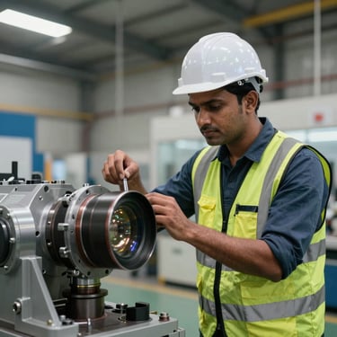 A South Asian / Indian engineer wearing safety gear carefully inspecting a large mechanical component in a modern engineering facility.