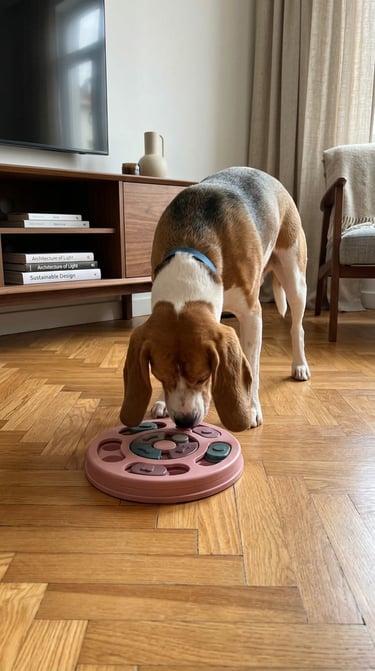 Perro beagle jugando con un juguete interactivo buscando premios