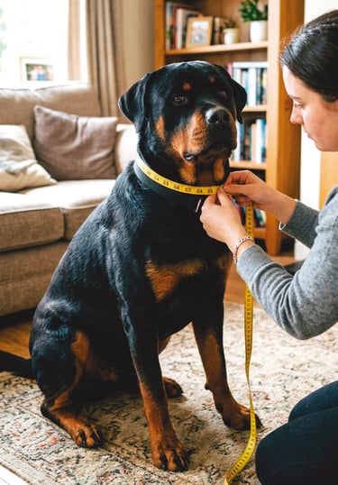 Persona midiendo el cuello con cinta métrica a su perro rotwailler