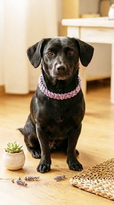 Perrito negro con collar tejido estilo cobra