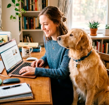 Persona disfrutando ver la computadora con su perro