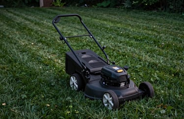 A high-angle shot of a lawn mower's straight lines on a lush, forest green lawn in a North American / US yard. Soft evening light, very clean and professional.