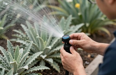 A professional technician adjusting a smart sprinkler head in a North American / US garden with mist spray visible against sage green plants.