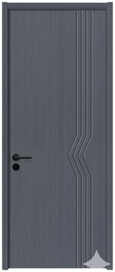Modern gray interior door with vertical decorative grooves and a black lever handle.