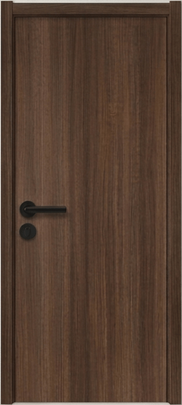 Modern dark walnut wood interior door with a sleek black lever handle and matching keyhole cover.