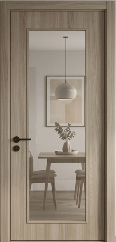 Modern light wood interior door with a large glass panel showing a minimalist dining room.