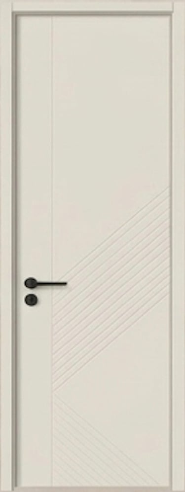 Modern white interior door with minimalist diagonal geometric patterns and a sleek black handle.