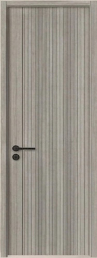 Modern interior gray wood grain door with vertical slat pattern and black handle.