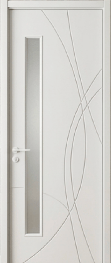 Modern white interior door with decorative curved lines and a narrow vertical glass window insert.