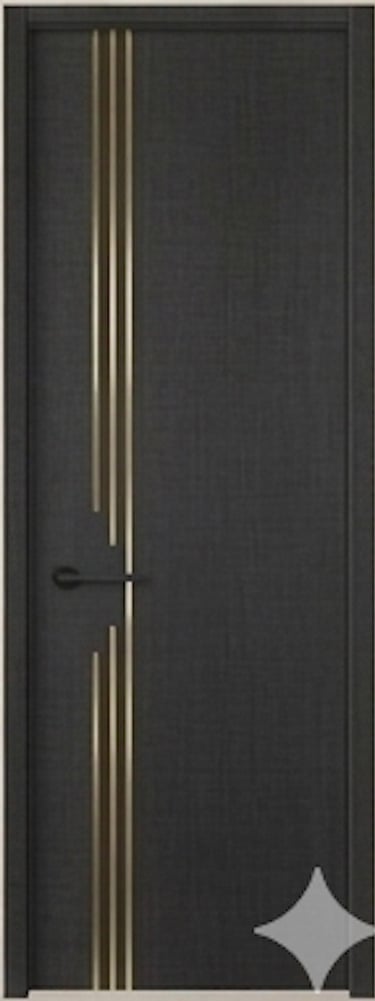 Modern dark grey interior door with vertical gold metallic inlay and black handle.