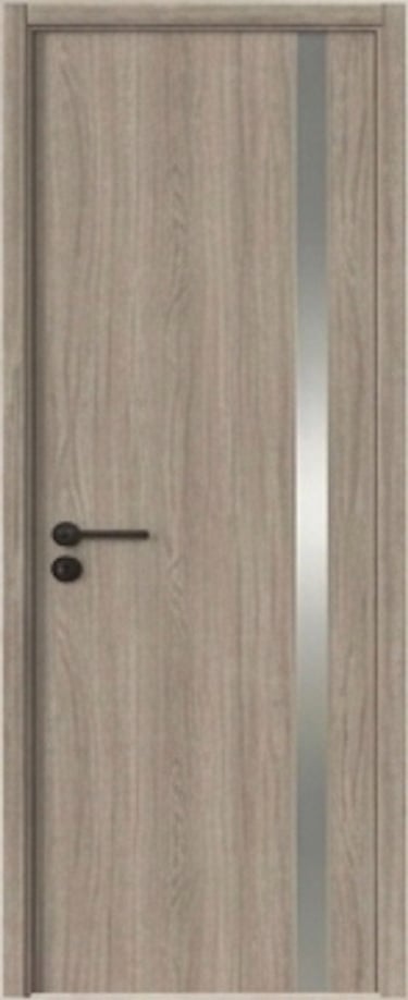 Modern light oak wood interior door featuring a vertical glass insert and black lever handle.