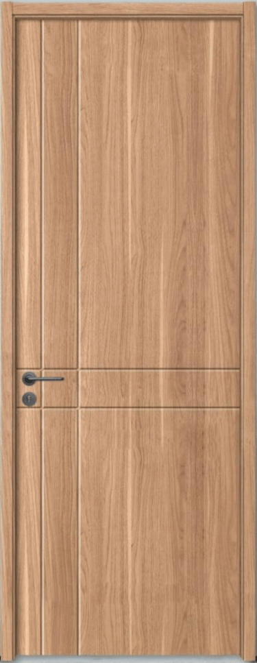 Modern interior oak wood door with vertical grain and minimalist handle.